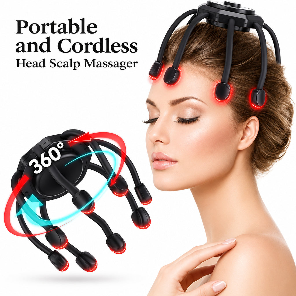 Portable and cordless head scalp massager being used on a woman's head with text indicating its features.