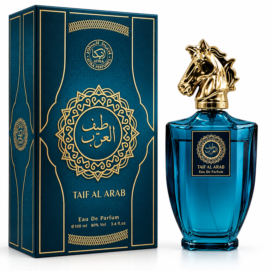 Blue perfume bottle with gold accents and matching packaging on a white background