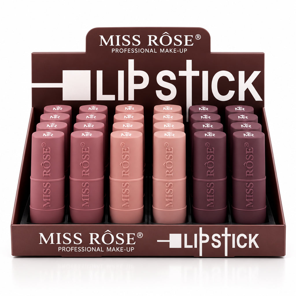 Display of Miss Rose lipsticks in a box with visible branding.