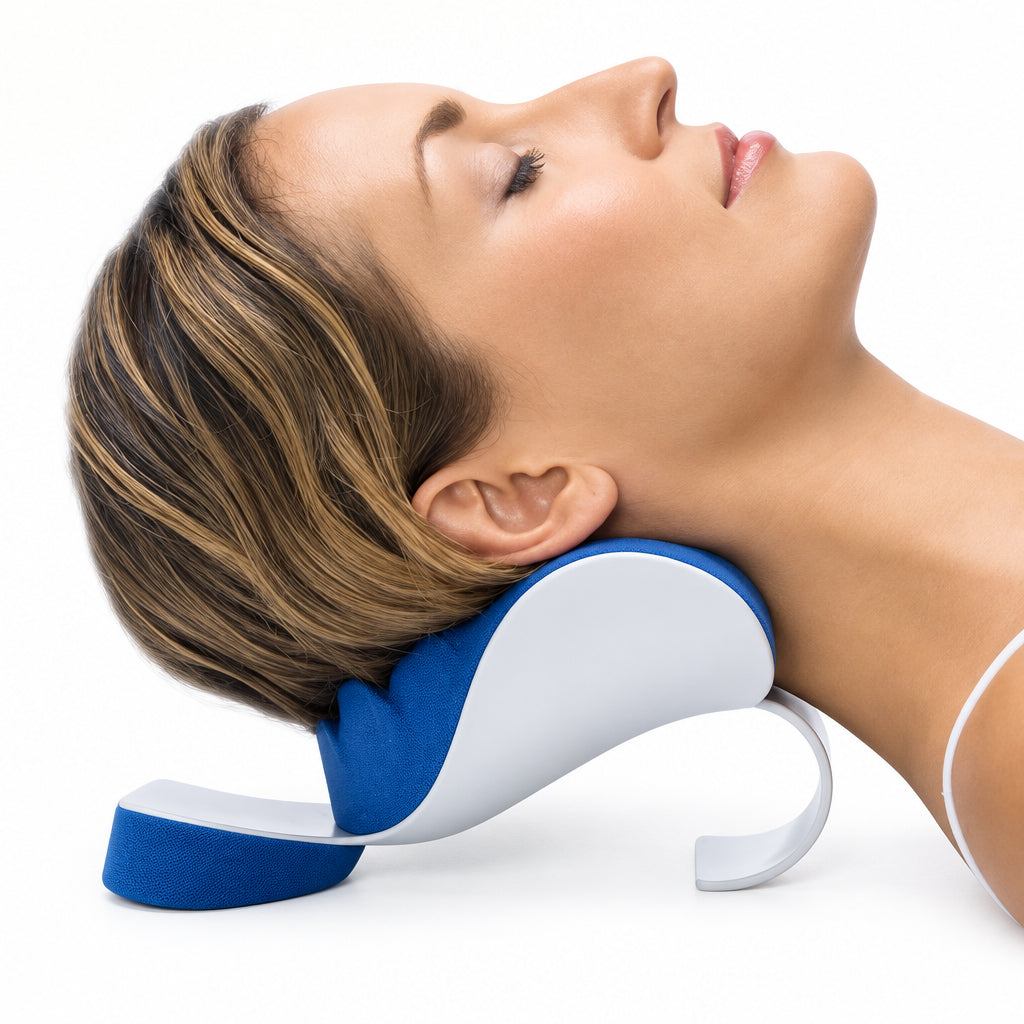 Person wearing a blue and white neck pillow on a white background
