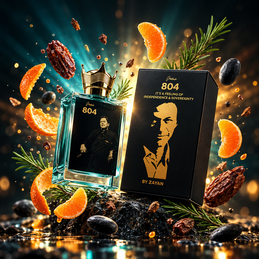Perfume bottle and packaging with orange slices and herbs on a dark background