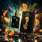 Perfume bottle and packaging with orange slices and herbs on a dark background
