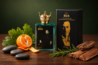 Perfume bottle with packaging and natural elements on a wooden surface