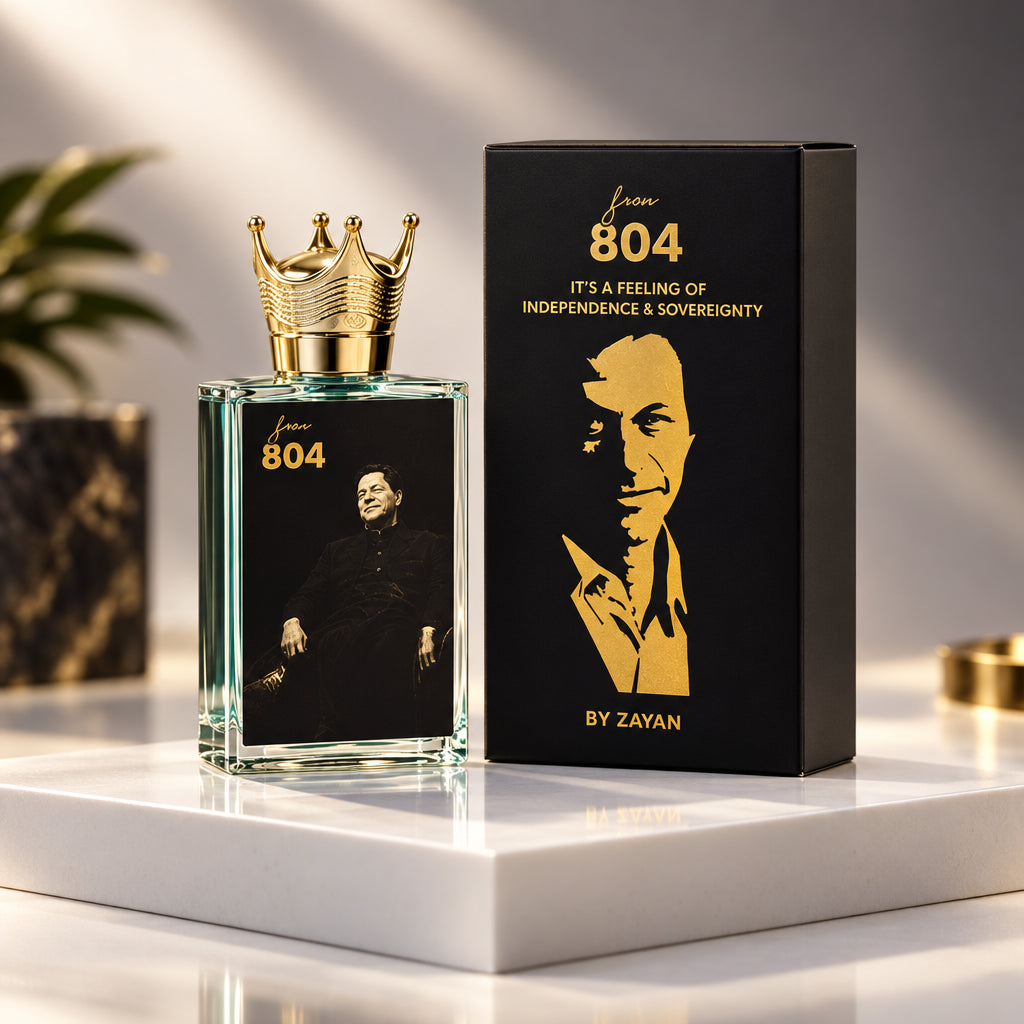 Perfume bottle and packaging with '804' branding on a gradient background