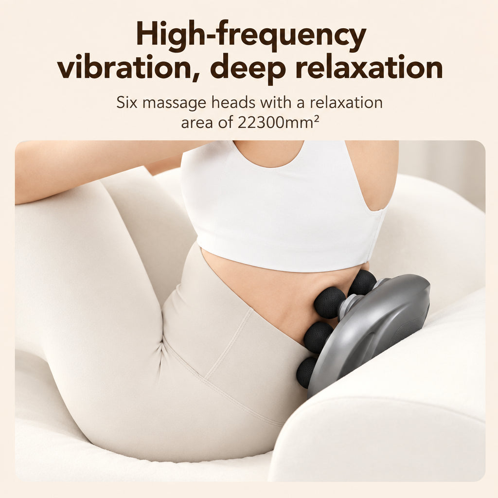 Person using a massage device with text highlighting high-frequency vibration and deep relaxation.
