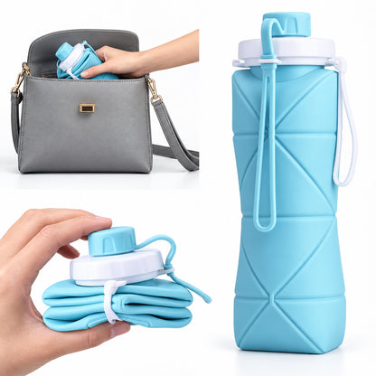 A light blue collapsible silicone water bottle with a white cap, shown with inset images demonstrating its use: one inset shows the bottle being placed inside a gray shoulder bag, and another shows a hand folding the bottle into a compact bundle.