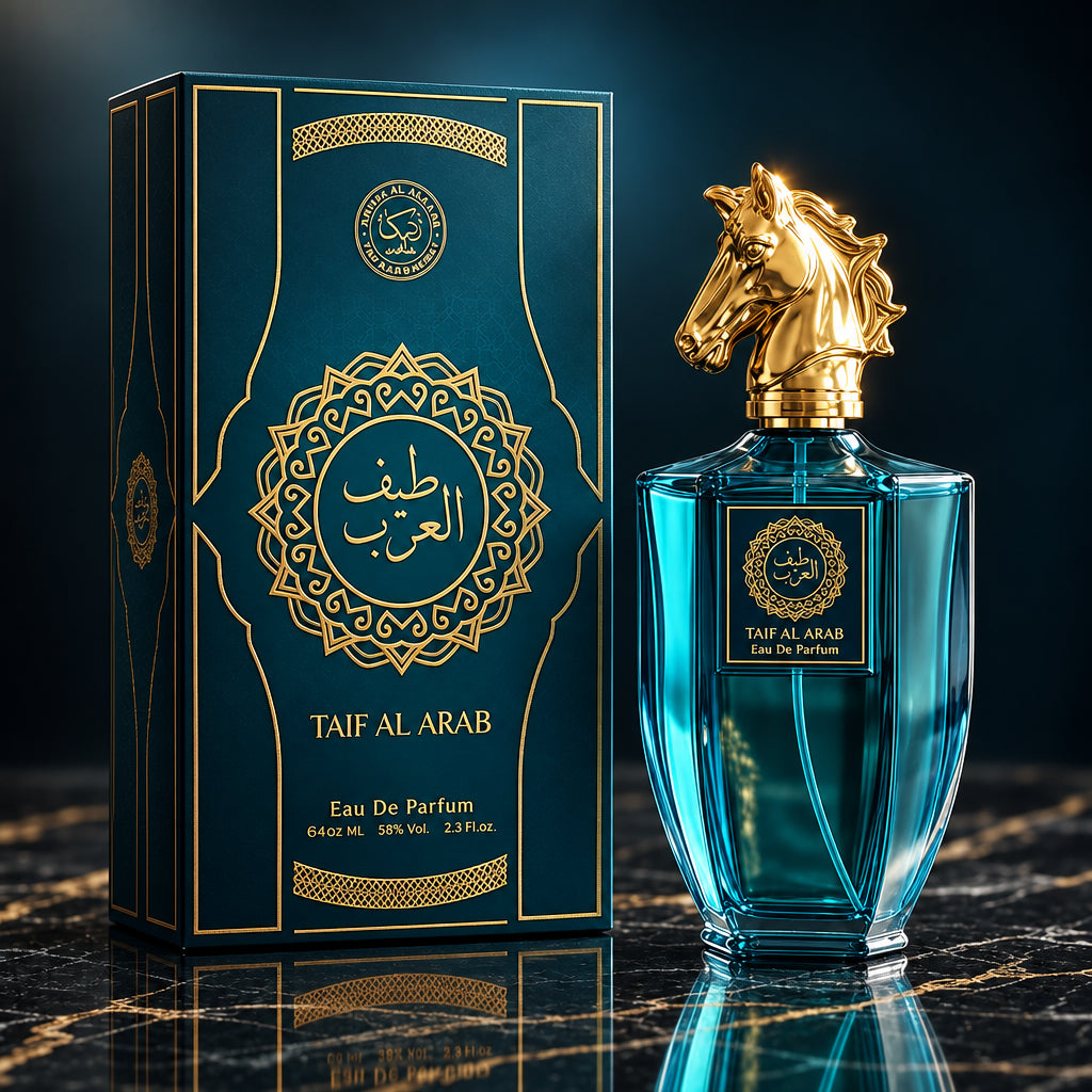 Taif Al Arab Eau De Parfum bottle and its matching box, both in deep teal blue with gold detailing, set against a warm, vintage background of books and a globe.