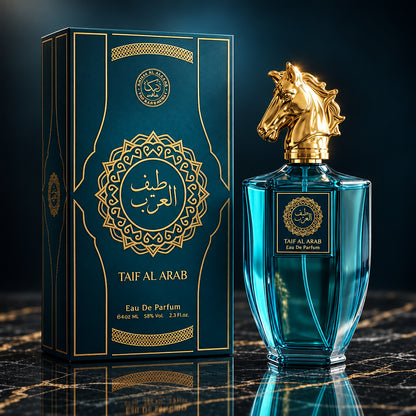 Taif Al Arab Eau De Parfum bottle and its matching box, both in deep teal blue with gold detailing, set against a warm, vintage background of books and a globe.