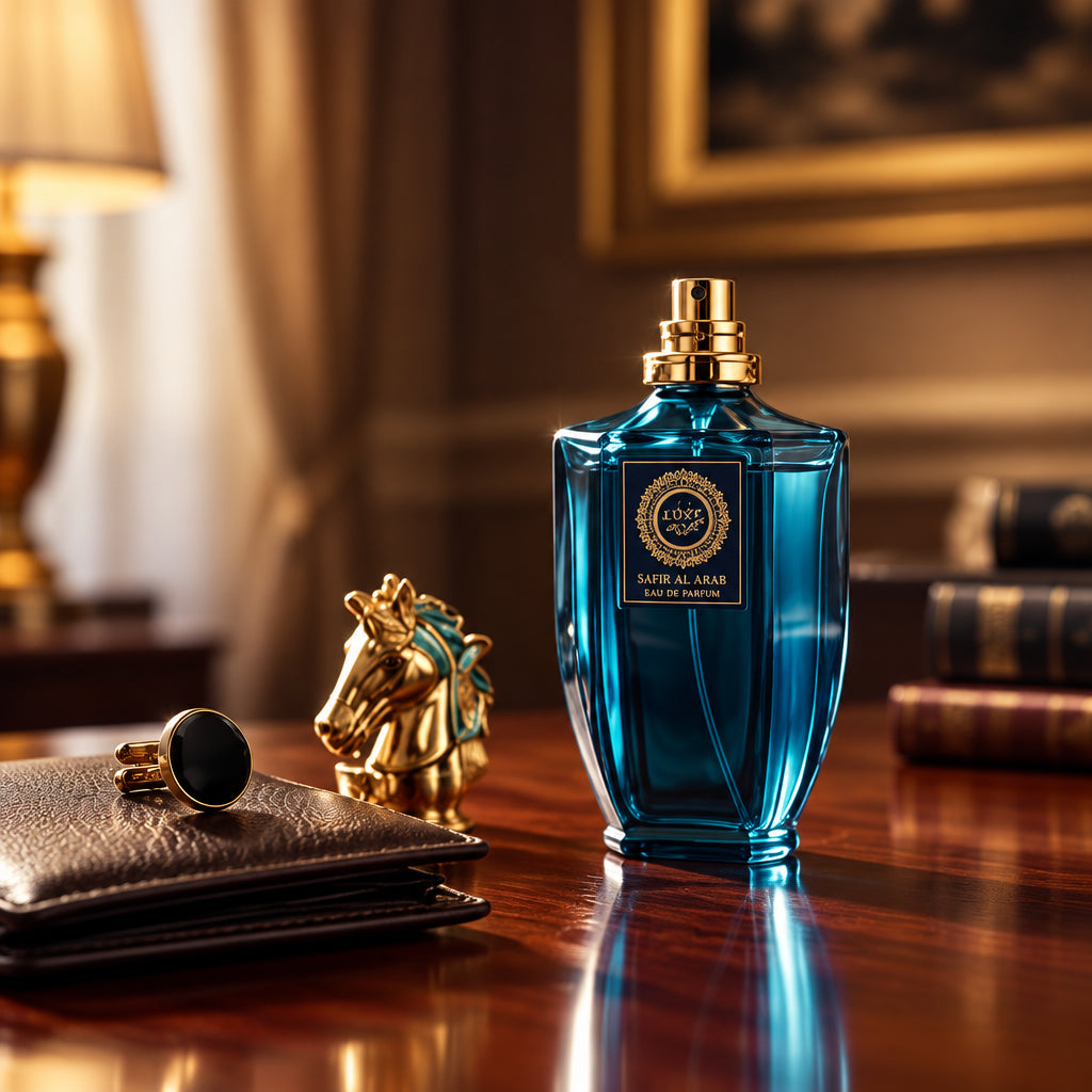 Blue perfume bottle on a wooden surface with a blurred background
