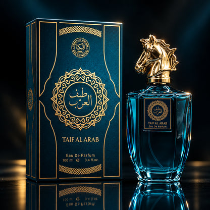 Blue Taif Al Arab perfume bottle and packaging on a black background
