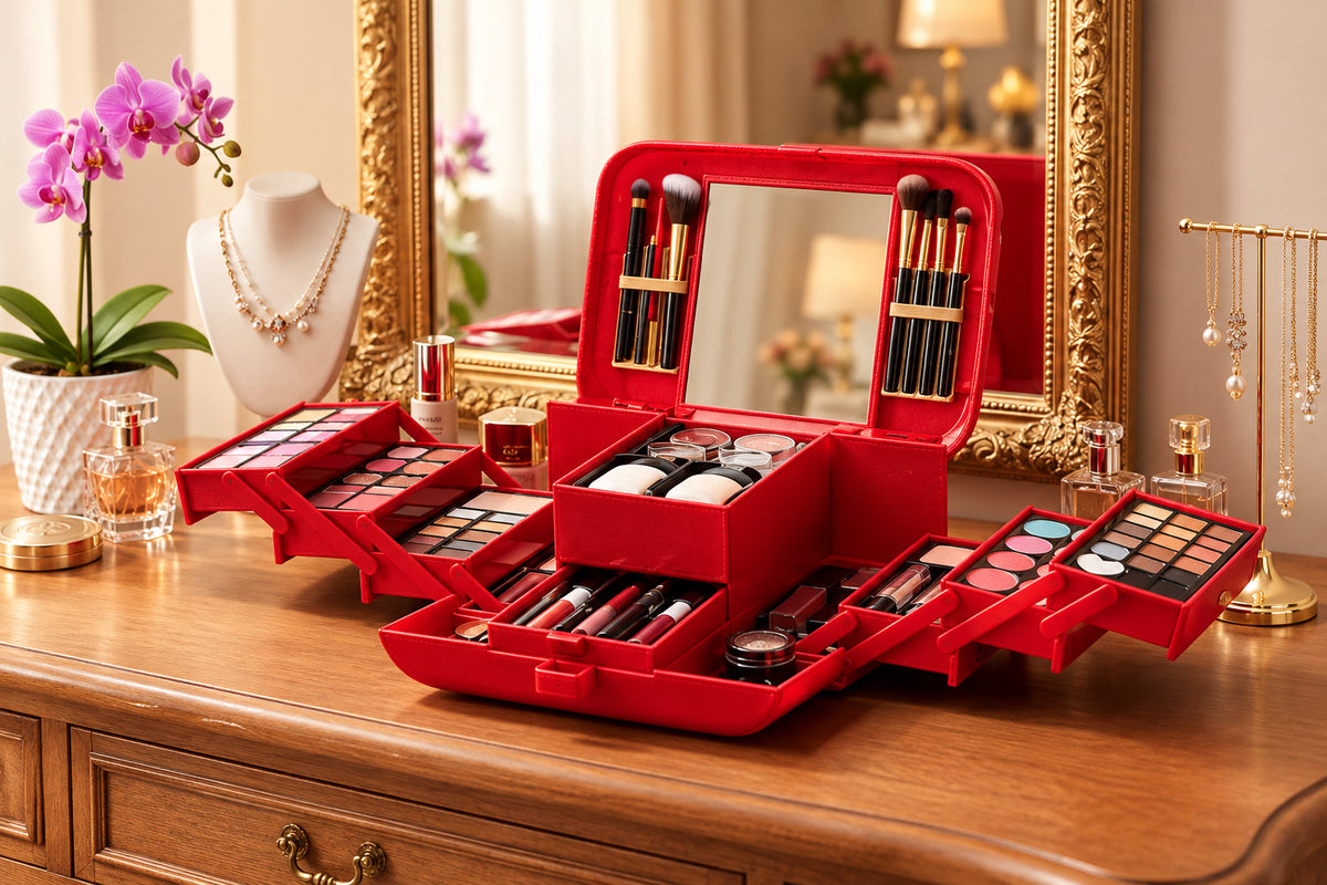 Red makeup organizer on a wooden dresser with various makeup items and a mirror in the background.