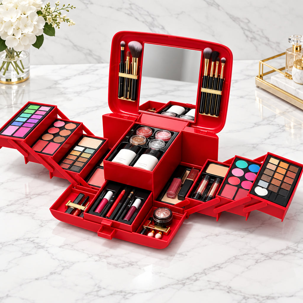 Red makeup set with various cosmetic items on a marble surface