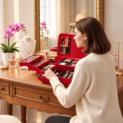 Woman applying makeup at a vanity with a red makeup case and decorative items.