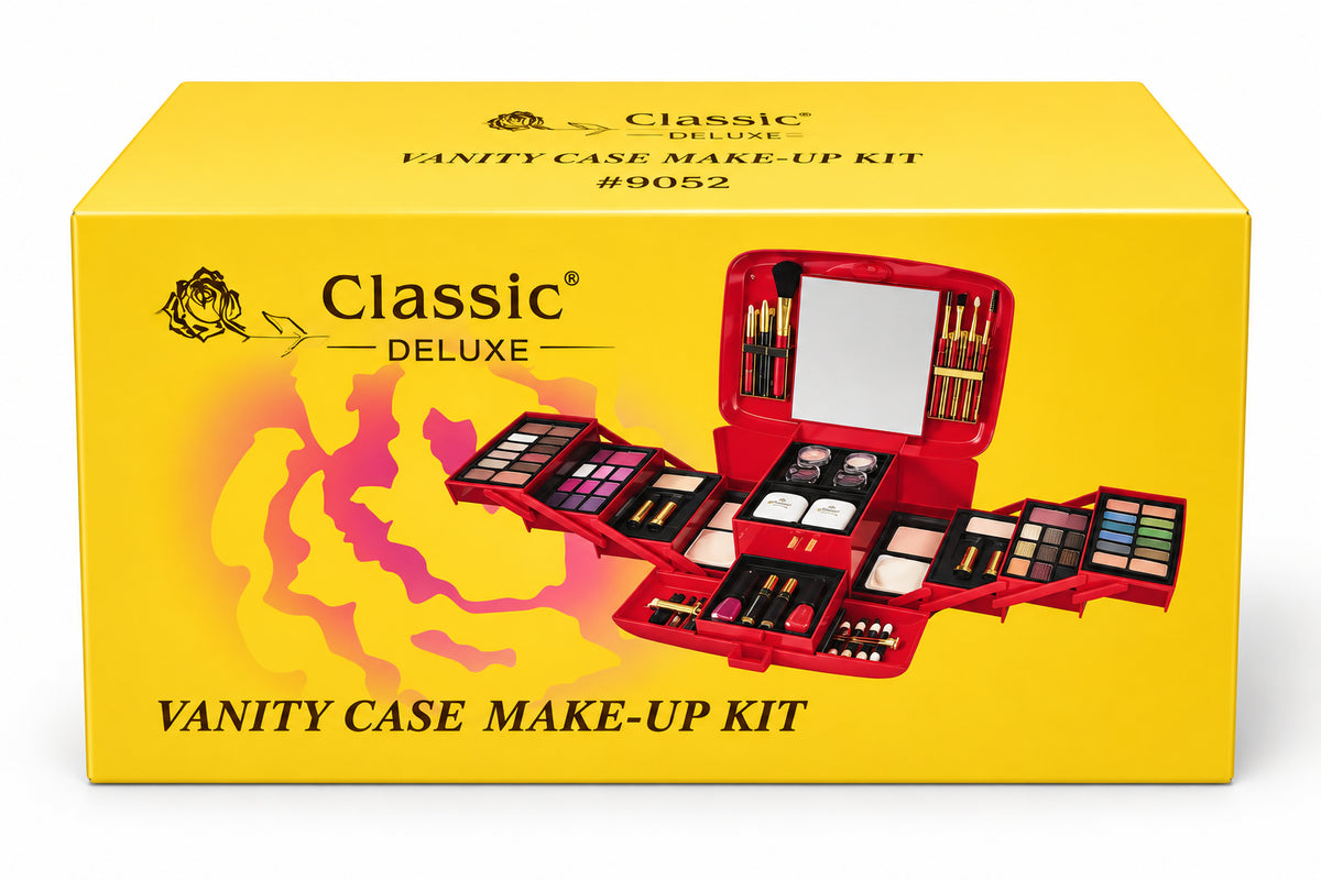 Yellow box of a vanity case make-up kit with makeup items illustrated on it.