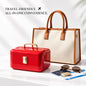 Red travel case and beige tote bag on a surface with 'Travel-Friendly. All-in-One Convenience' text.