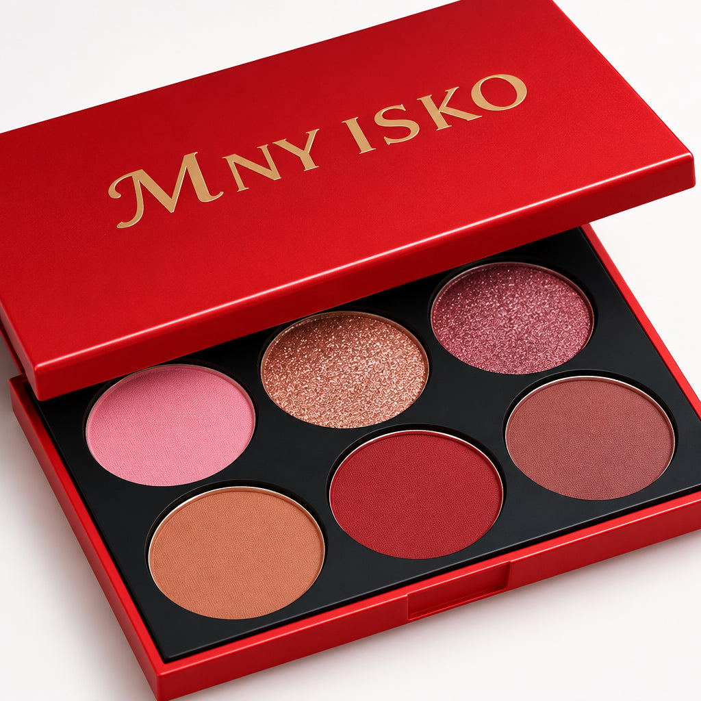 Makeup palette with colorful shades and 'MY IS KO' branding on a red background