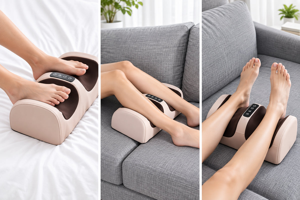 Three images showing a foot massager being used on different surfaces.