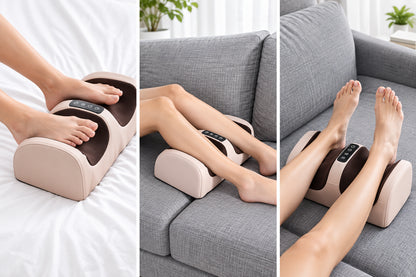 Three images showing a foot massager being used on different surfaces.