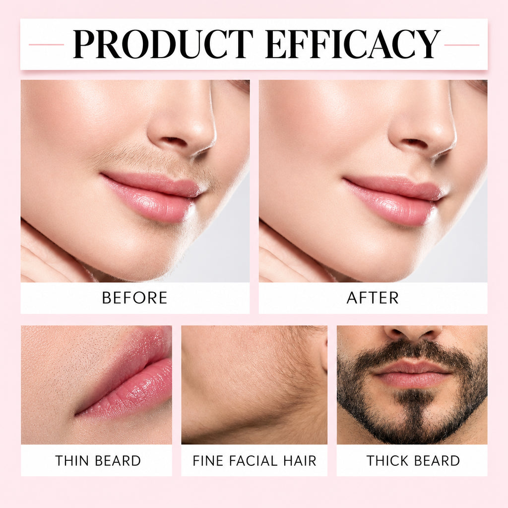Before and after comparison of a product's effect on facial hair and skin texture.
