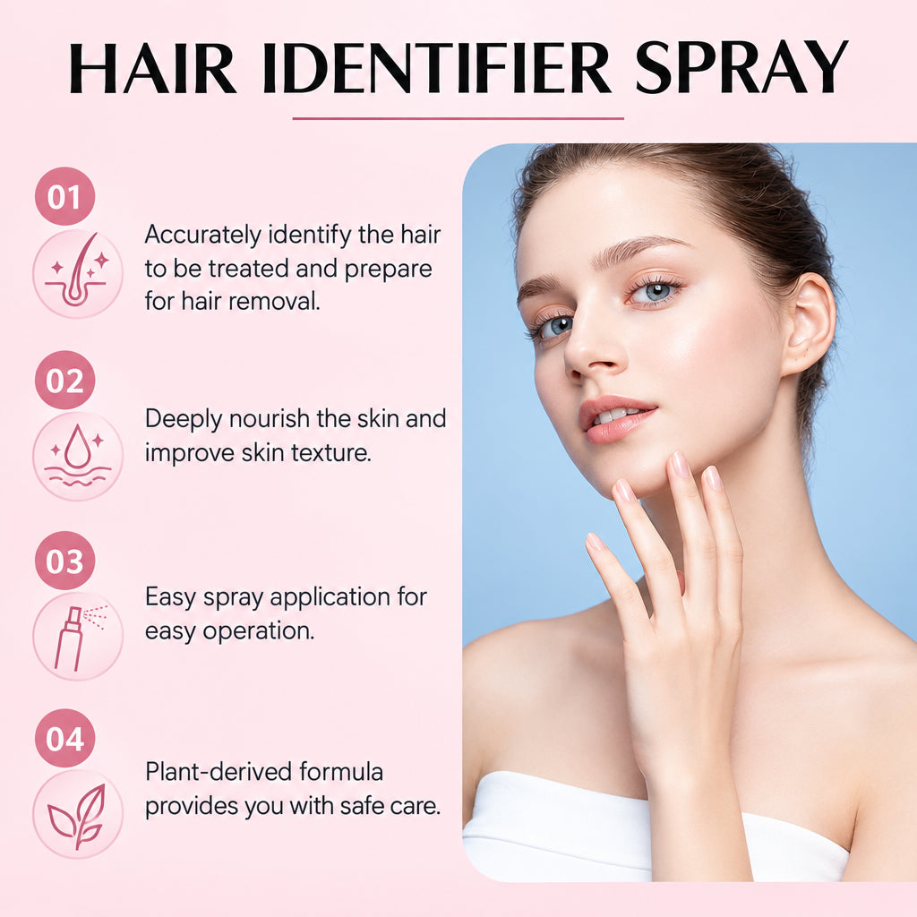 Advertisement for a hair identifier spray with a woman's face on a pink and blue background.