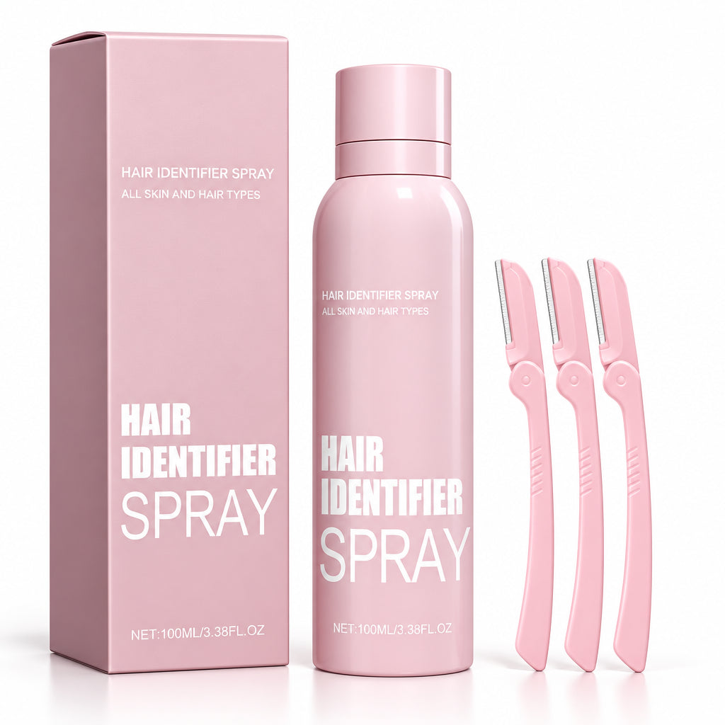 Hair identifier spray set featuring a light pink spray canister, its matching pink retail box, and four matching pink plastic razors on a solid white background.