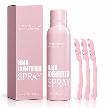 Hair identifier spray set featuring a light pink spray canister, its matching pink retail box, and four matching pink plastic razors on a solid white background.