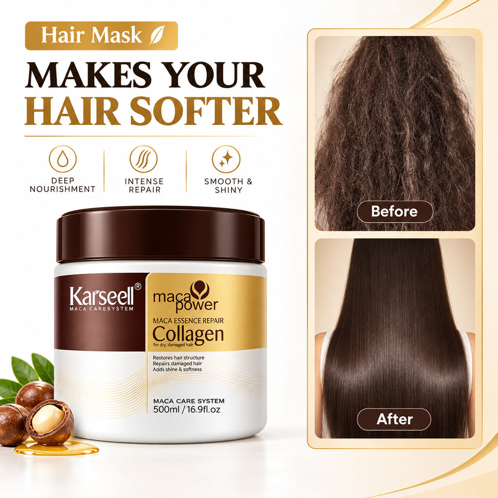 Karseell maca power collagen hair mask with 'Before' and 'After' hair images on a white background.
