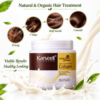 Karseell maca power collagen hair treatment product with hair growth stages shown.