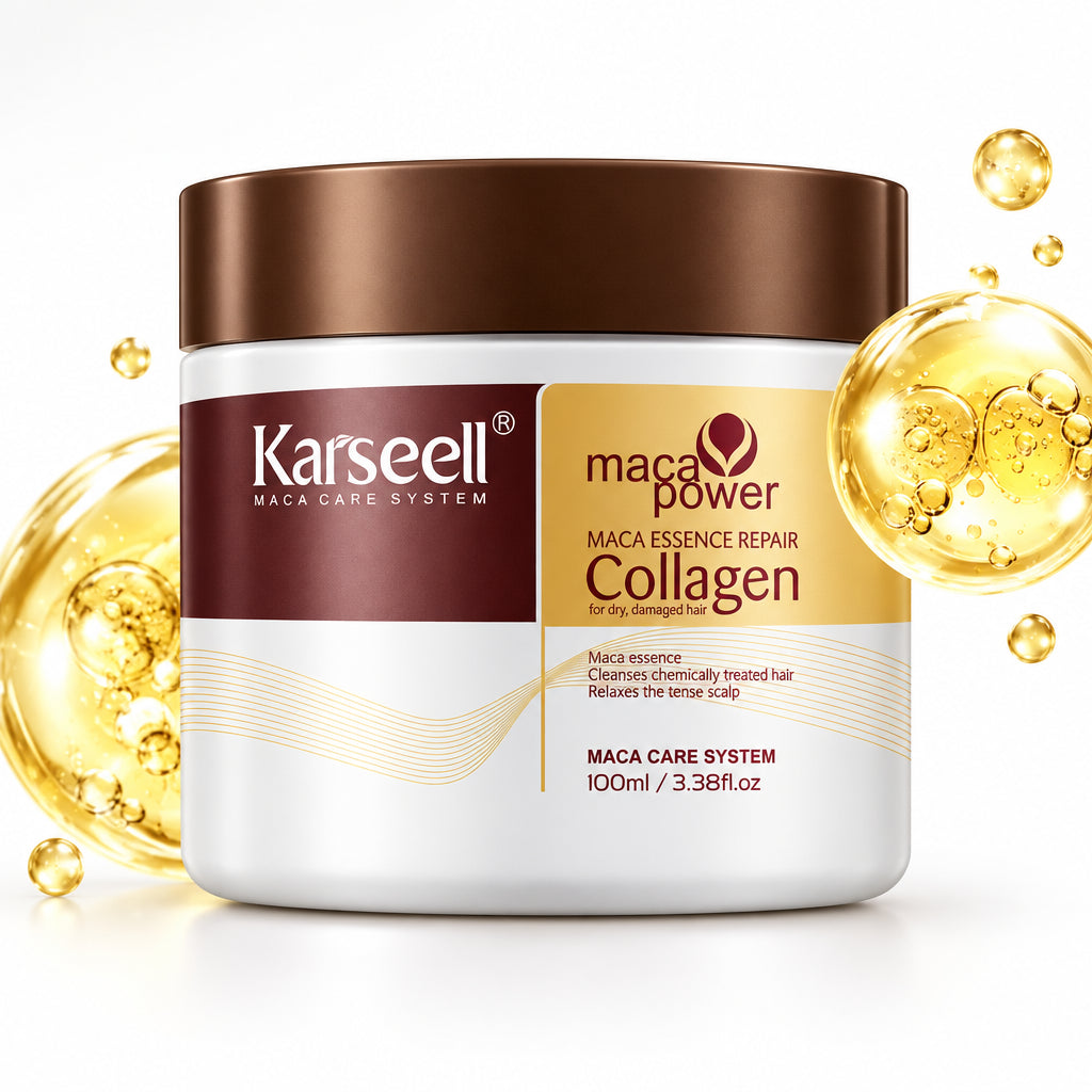 Karseell maca power collagen hair care product jar with gold elements on a white background