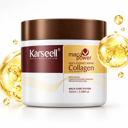 Karseell maca power collagen hair care product jar with gold elements on a white background