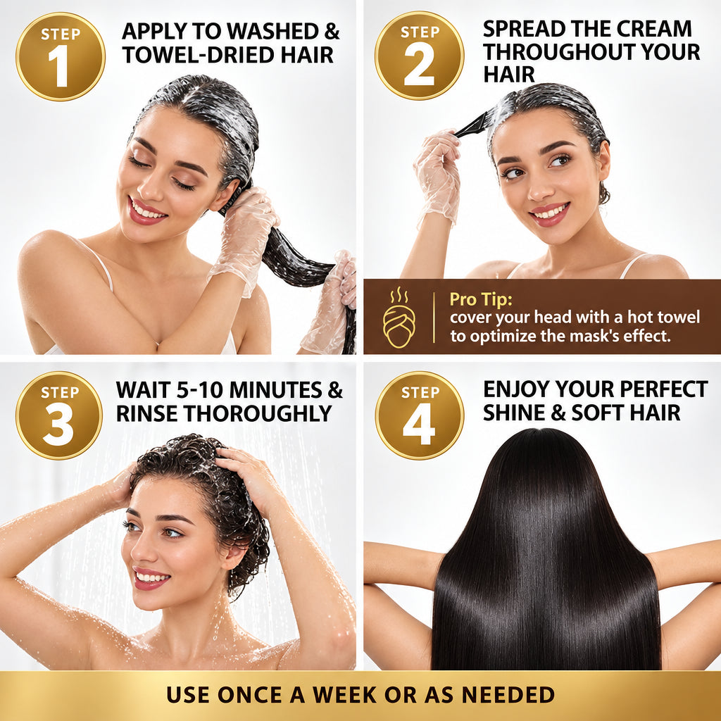 Step-by-step guide for hair care treatment with a woman applying cream to her hair.