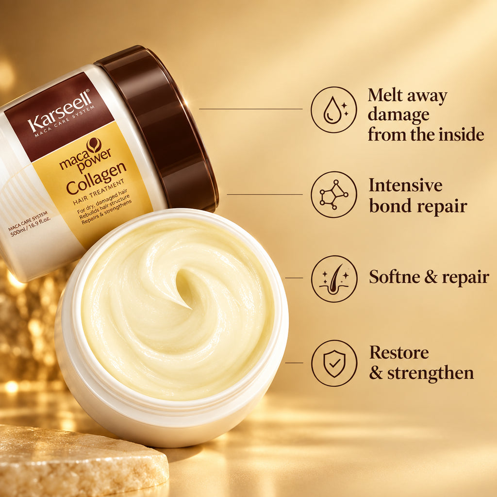 Kansel Magic Powder Collagen cream jar shown open with cream visible, alongside text callouts describing benefits: melt away damage from the inside, intensive bond repair, softne & repair, and restore & strengthen.