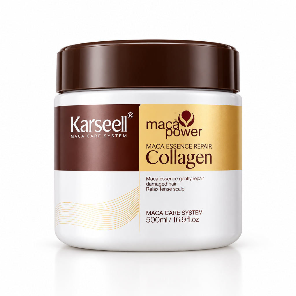 Karseell hair mask jar with text on a desert-themed background