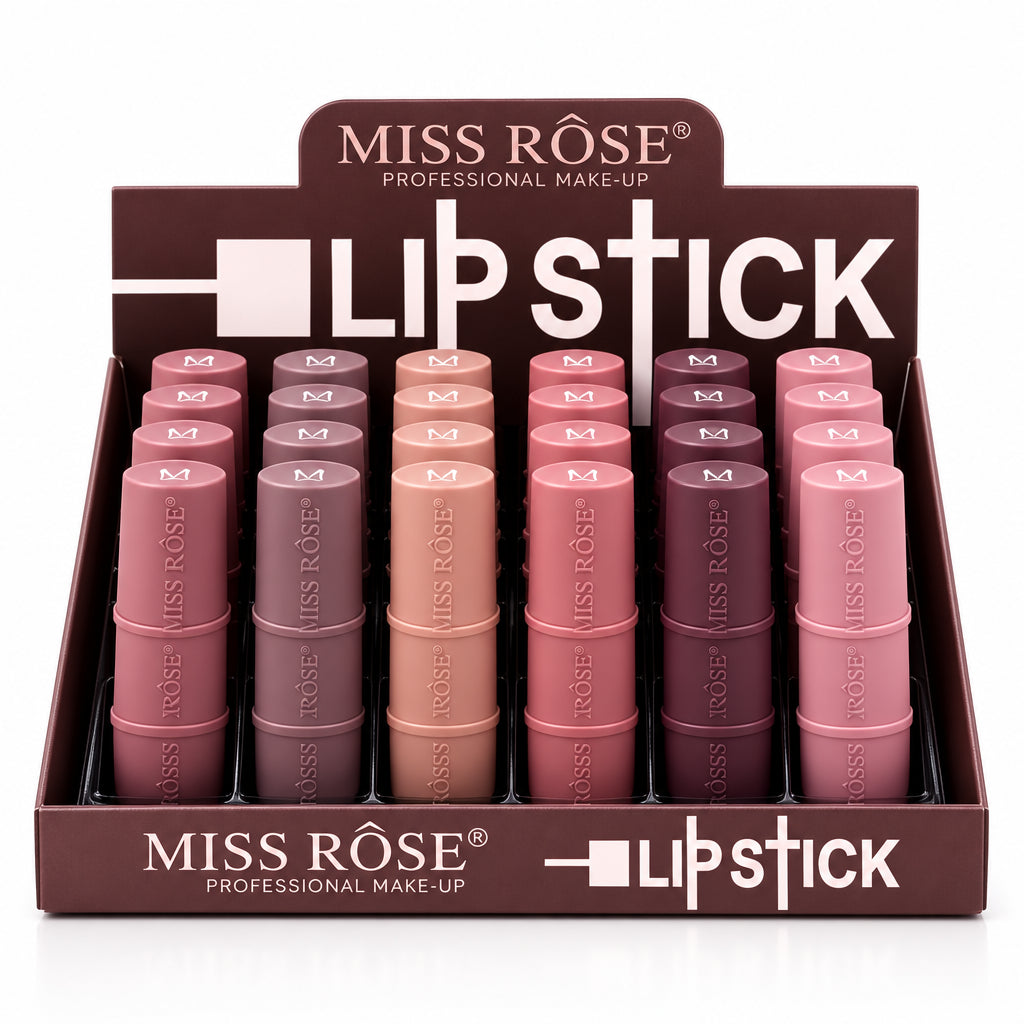 Display of Miss Rose lipsticks in a box with visible branding.