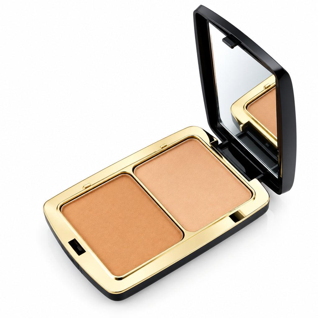 Compact powder in a black case on a white background