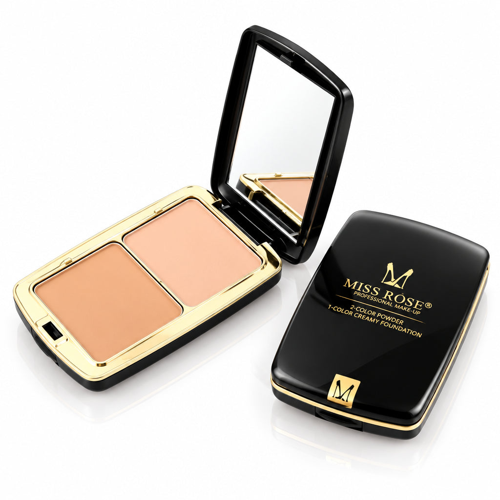 Compact powder with open lid showing two shades and black case on a white background