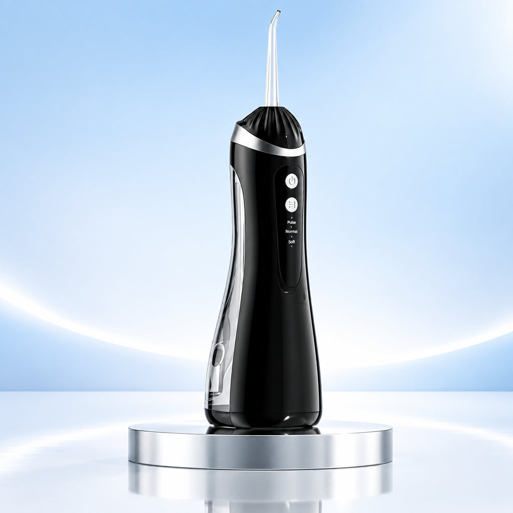 Black dental water flosser on a light blue background