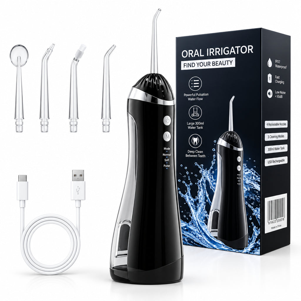 Black oral irrigator with packaging and attachments on a white background