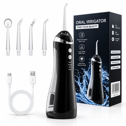 Black oral irrigator with packaging and attachments on a white background
