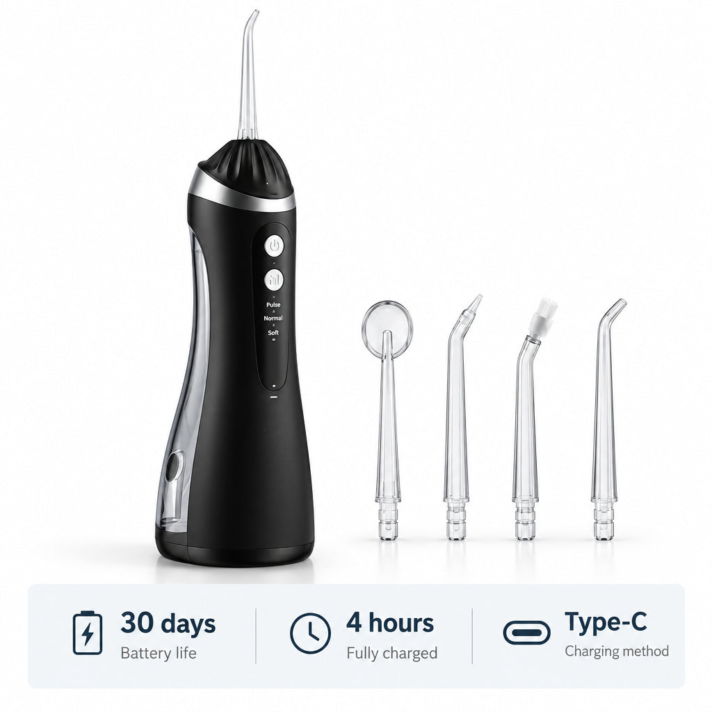 DLSOTE Electric Oral Irrigator with additional nozzles on a light blue background