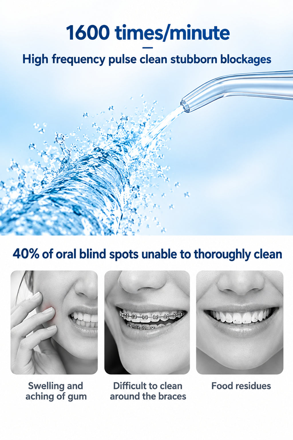 Teeth cleaning device with water flow and images of a person with braces.