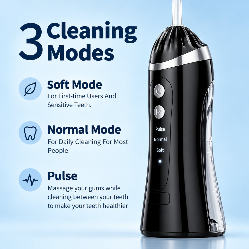 Black dental cleaning device with modes on a light blue background