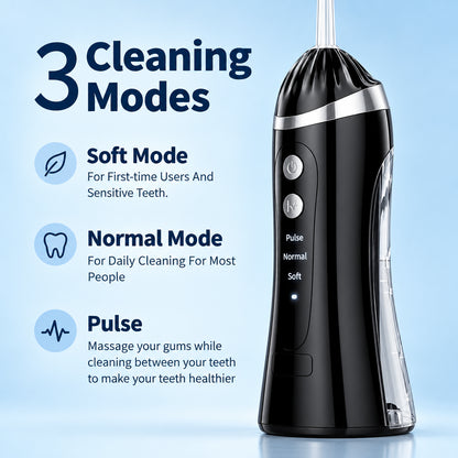 Black dental cleaning device with modes on a light blue background