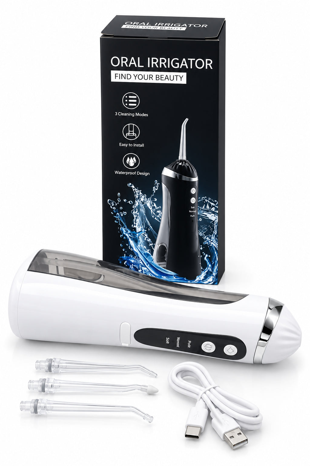Oral irrigator with packaging on a white background