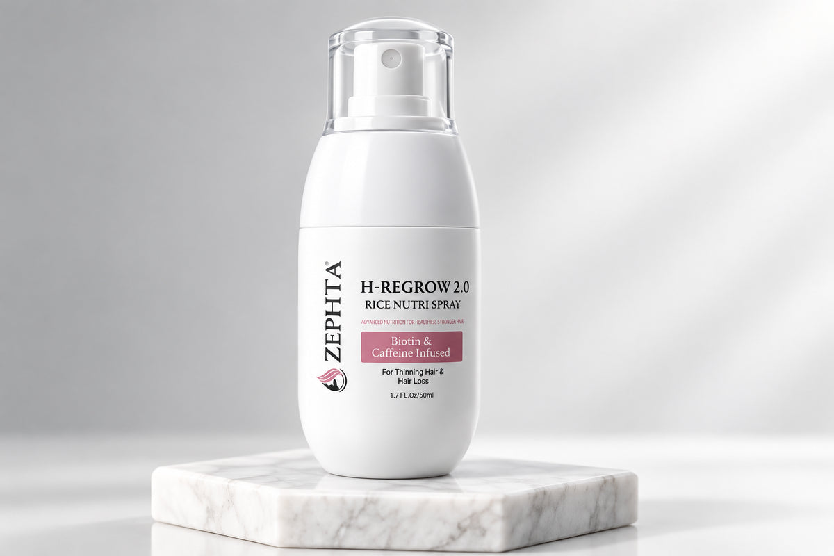 White bottle of Zepita H-Regrow 3D Hair Regrowth Serum on a gray background