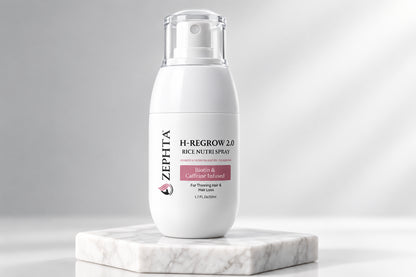 White bottle of Zepita H-Regrow 3D Hair Regrowth Serum on a gray background