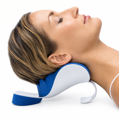 Person wearing a blue and white neck pillow on a white background