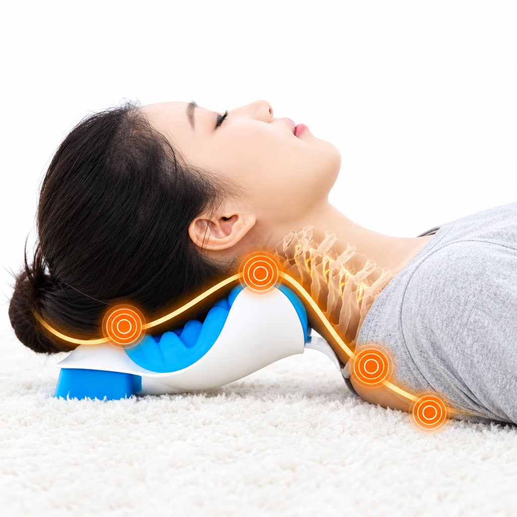 Person using a neck massager with orange rollers on a white background