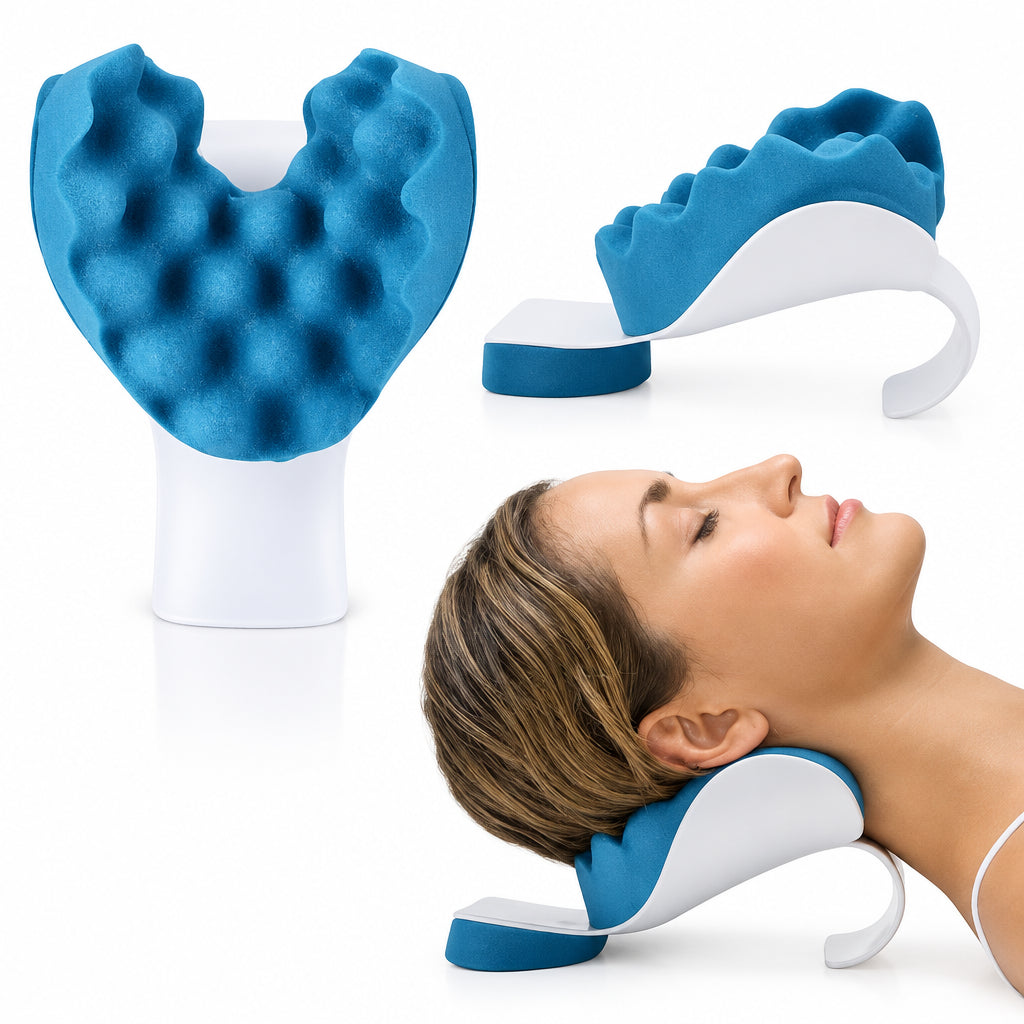 Blue and white neck support pillow shown from multiple angles, including a close-up of the textured foam top and a woman wearing it on her neck.